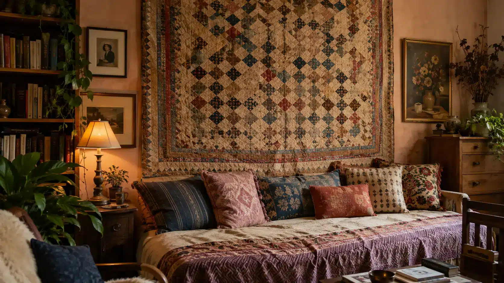 large vintage textile above sofa in maximalist room with patterned pillows and warm decor