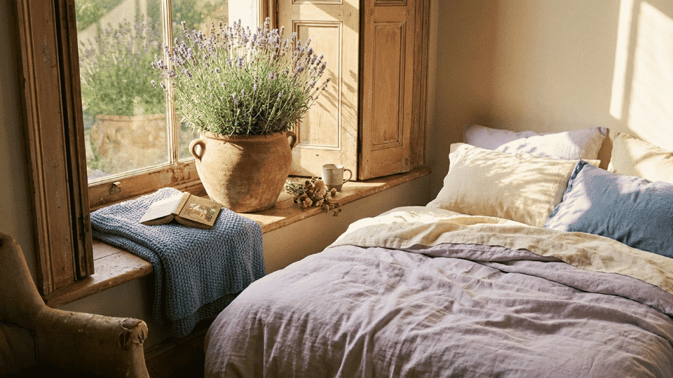lavender plant near a sunny bedroom window with rustic pot, faded blue bedding, and folded throw