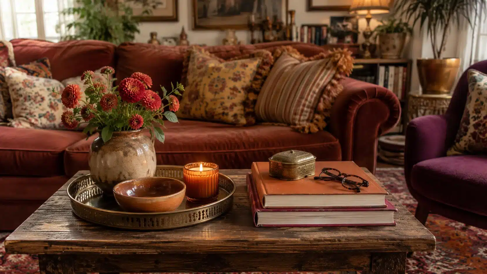 layered maximalist coffee table with books, tray, ceramic bowl, candle, and personal object
