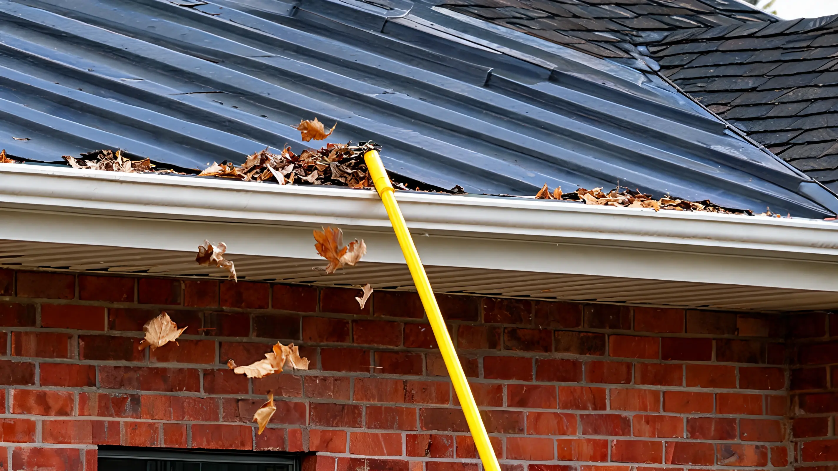 metal roof maintenance with leaves being removed from roof gutters to improve drainage and prevent rust