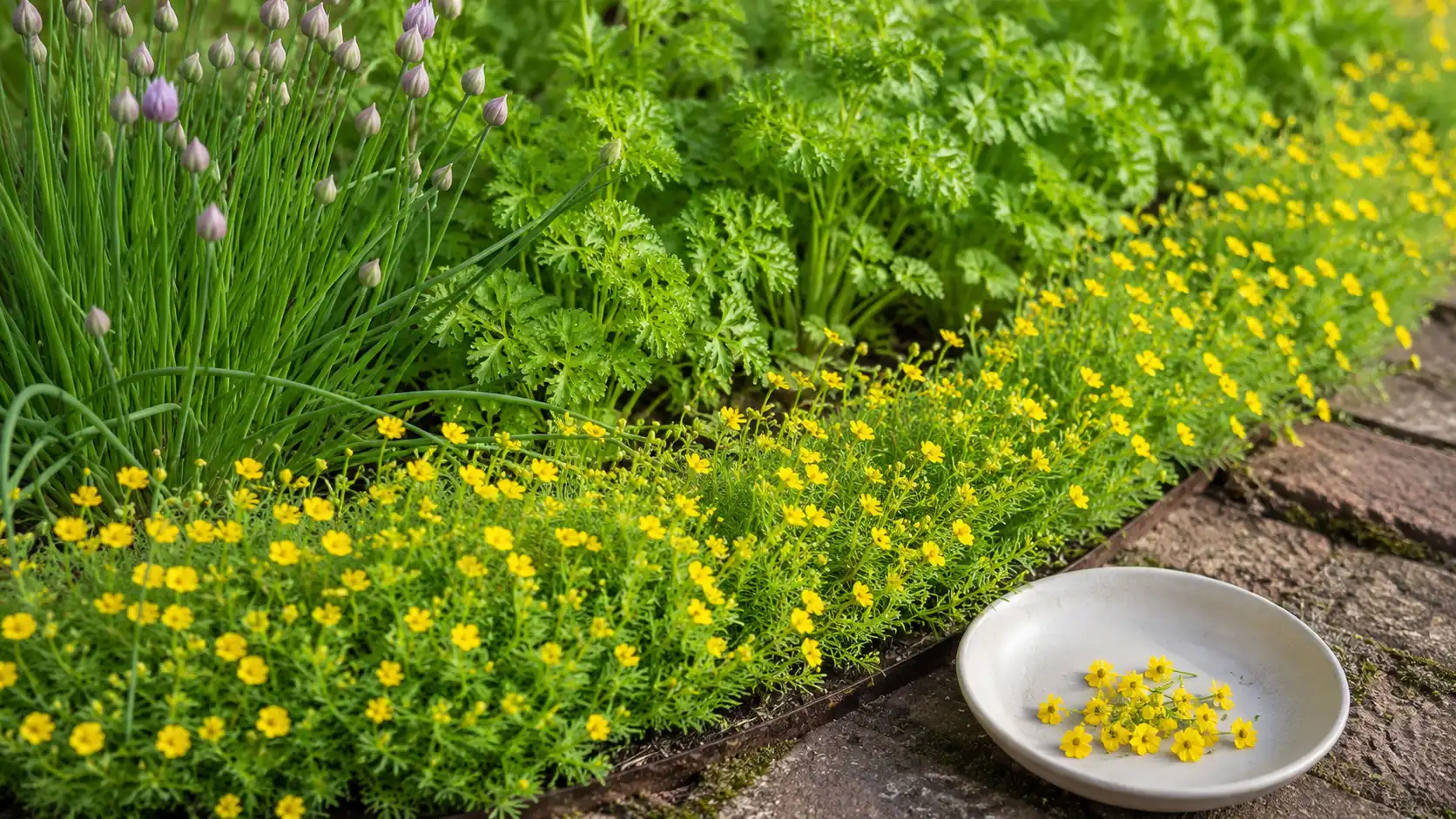 lemon gem signet marigolds with fine foliage growing beside herbs and small edible flowers