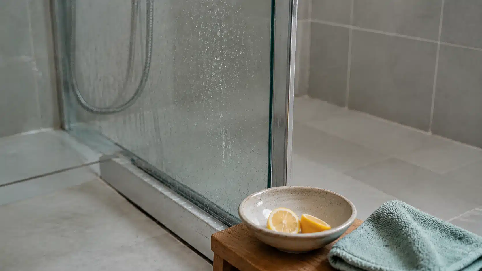 lemon slices in bowl beside spotted shower glass