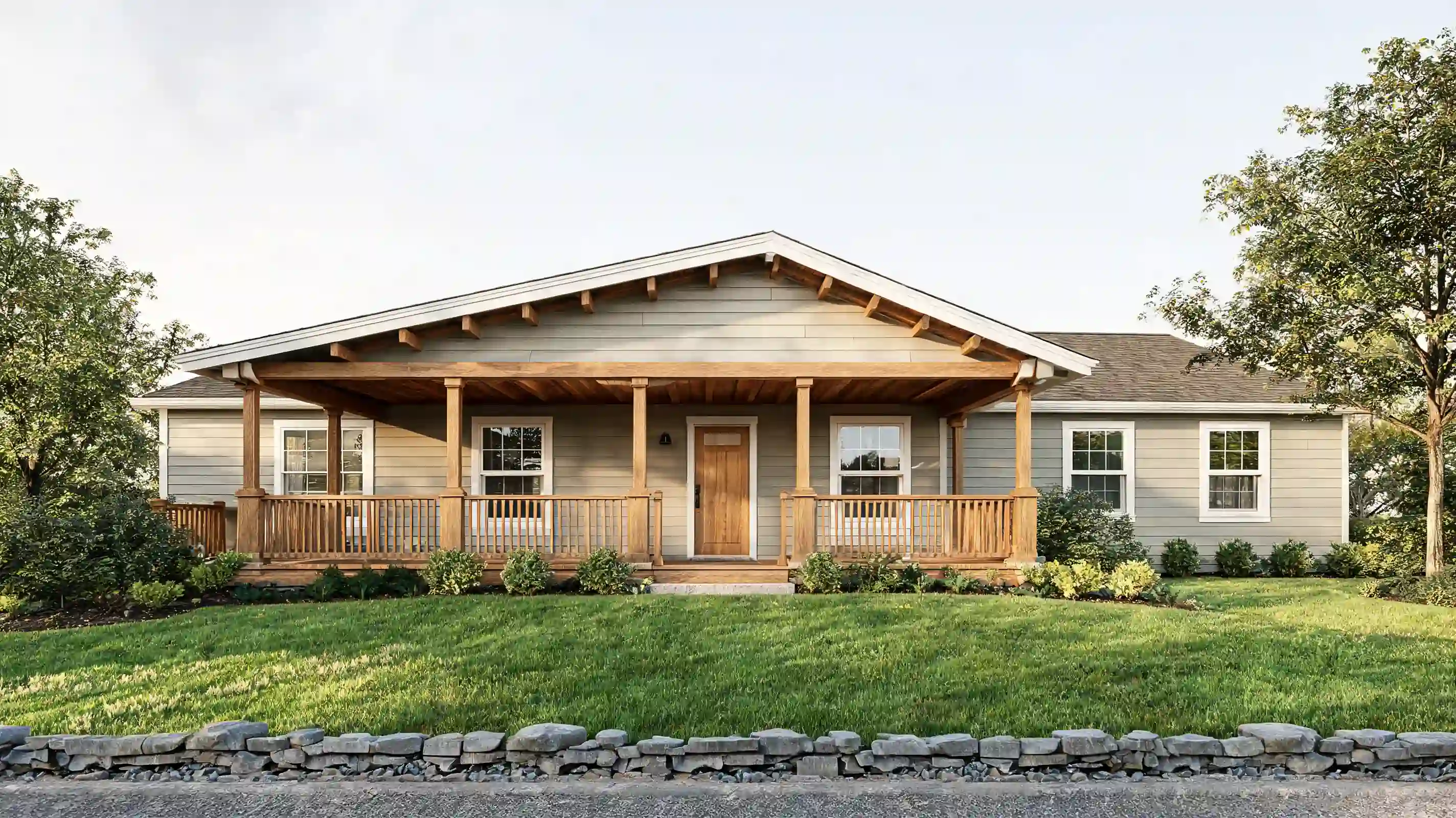 light warm greige ranch house with soft trim wood details walkway and green yard