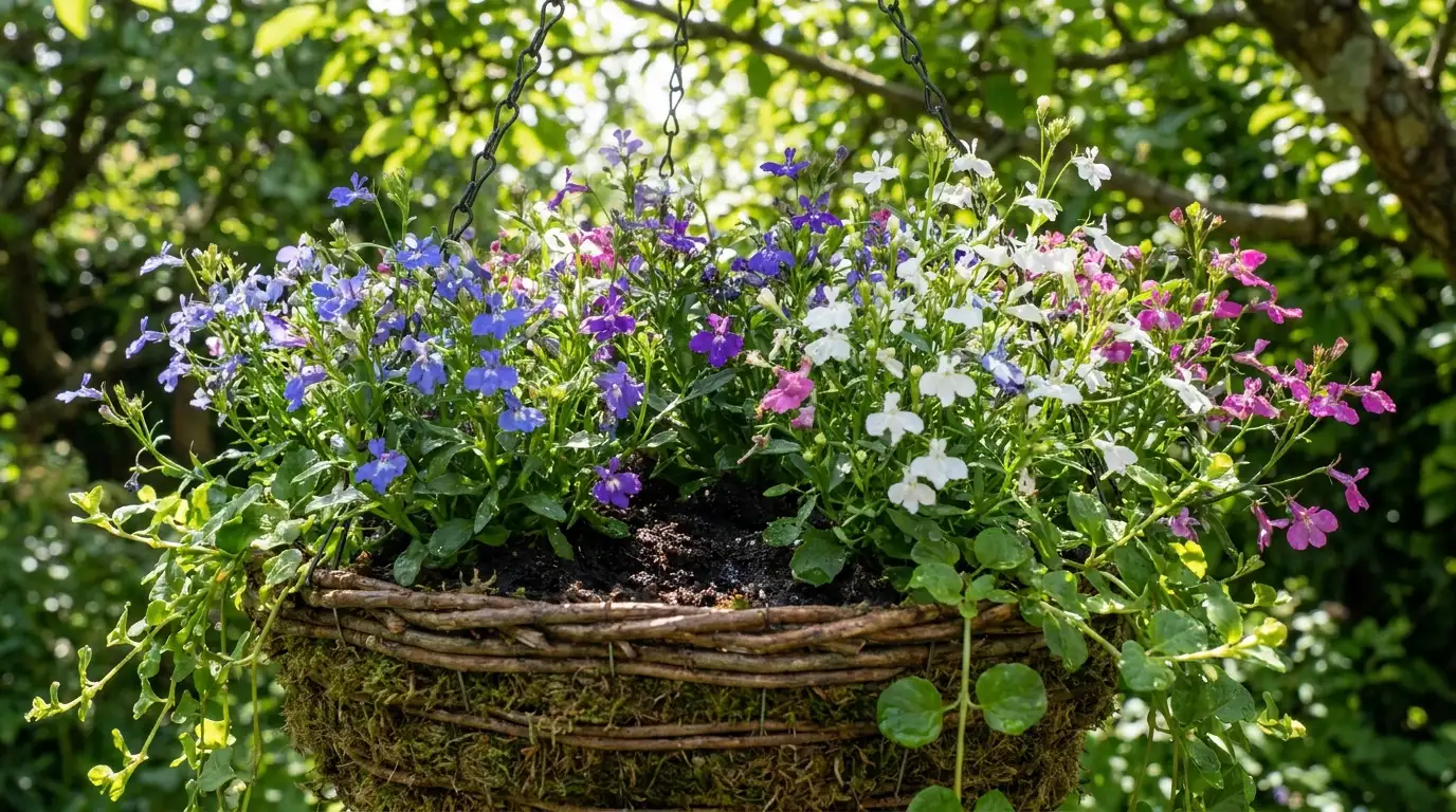 lobelia flowers spilling from a shaded basket with small blooms and delicate green leaves