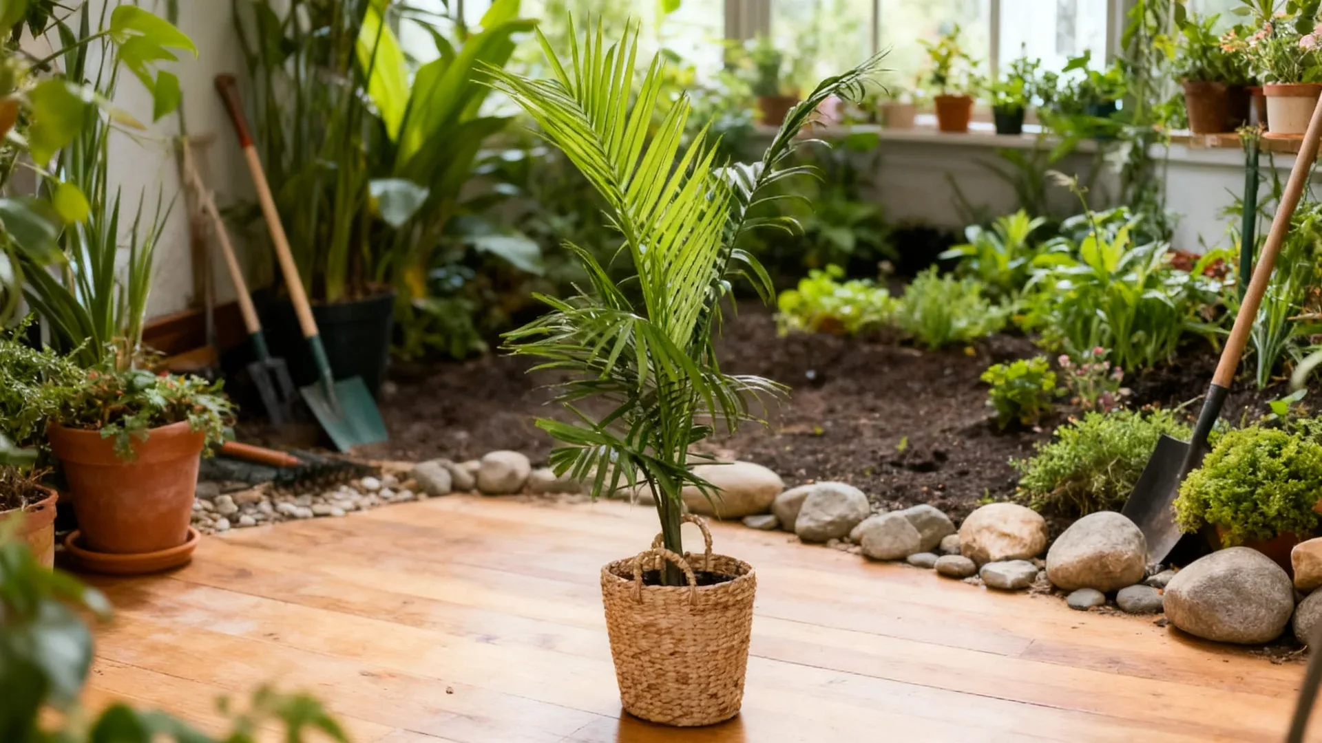 majesty palm tree with tall arching fronds in a bright plant setting