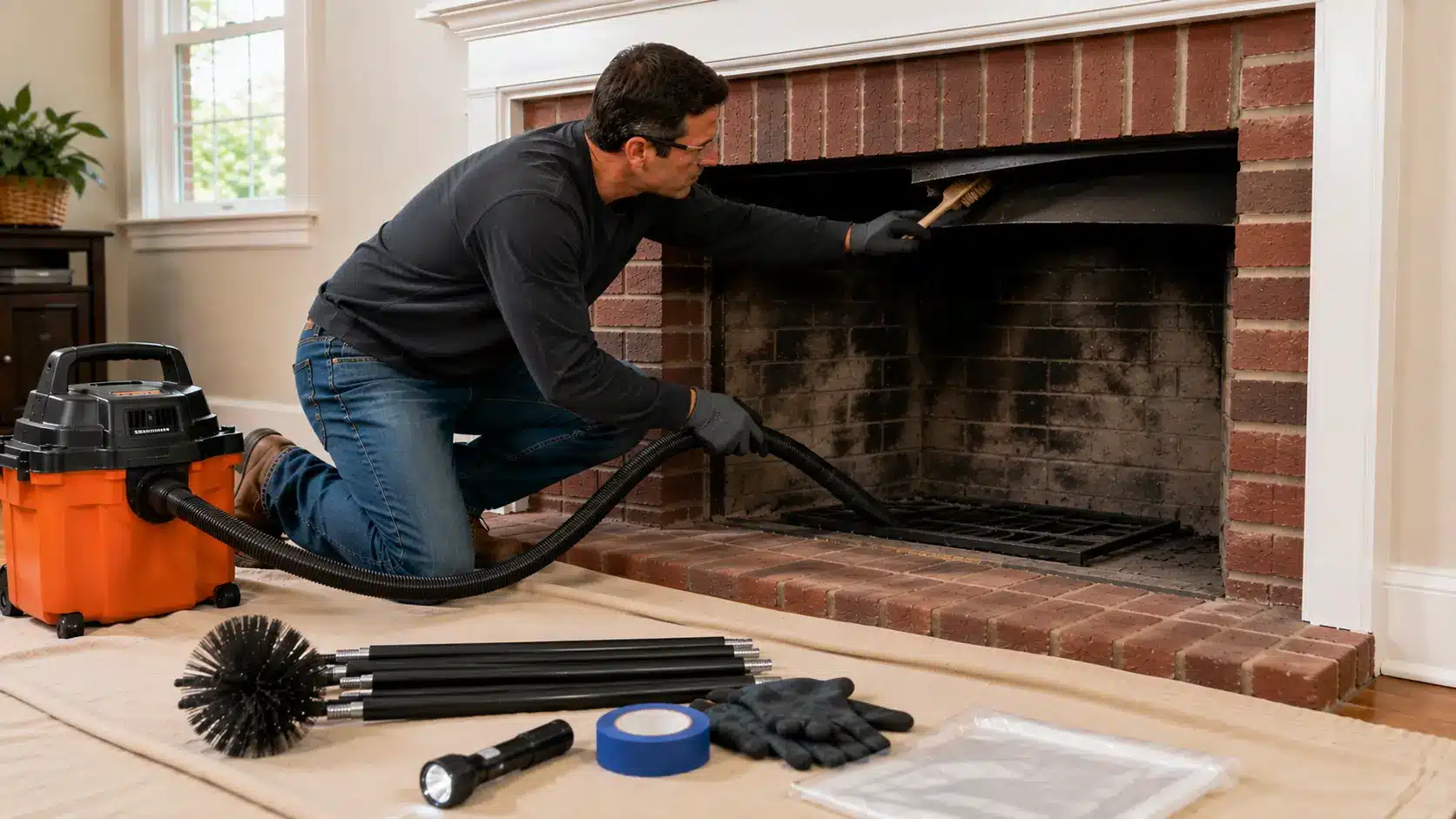 man cleaning fireplace in living room