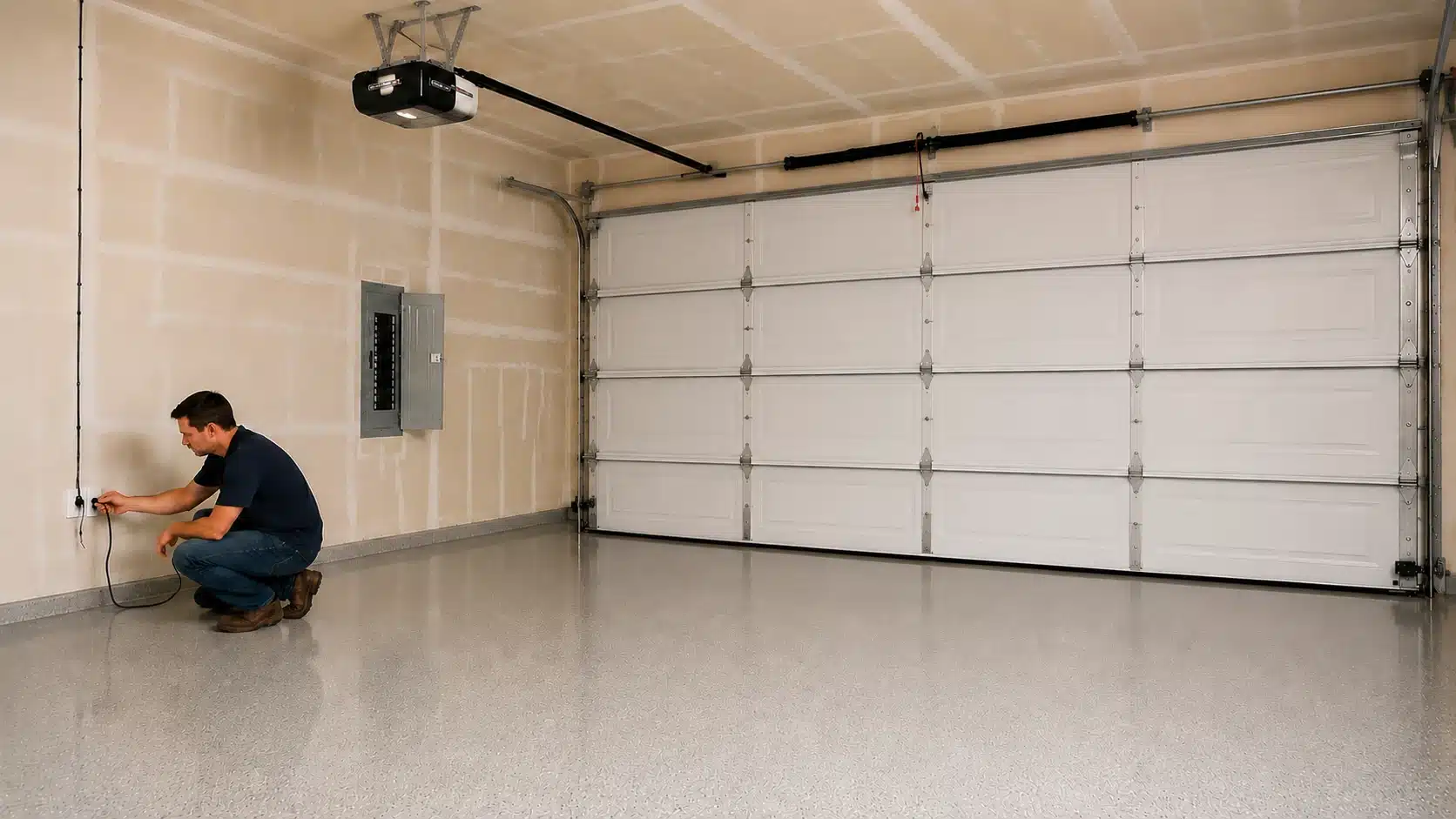man crouching near electrical outlet in spacious garage, checking plug, with garage door and ceiling-mounted opener