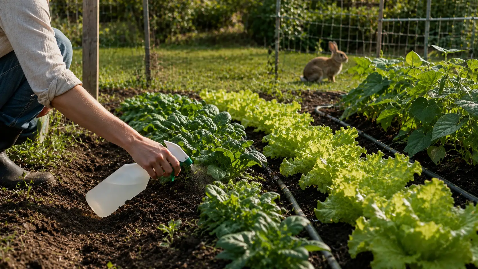 man sprays repellent, showing how to keep rabbits out of garden rows with lettuce, spinach, beans, and distant rabbit