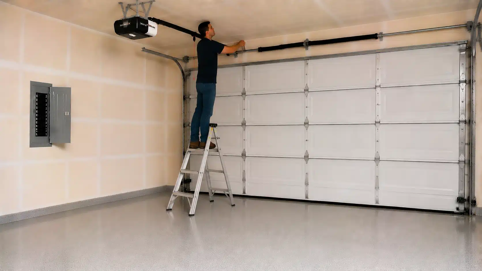 man stands on a ladder in a garage repairing the ceiling-mounted garage door opener above a closed white sectional door