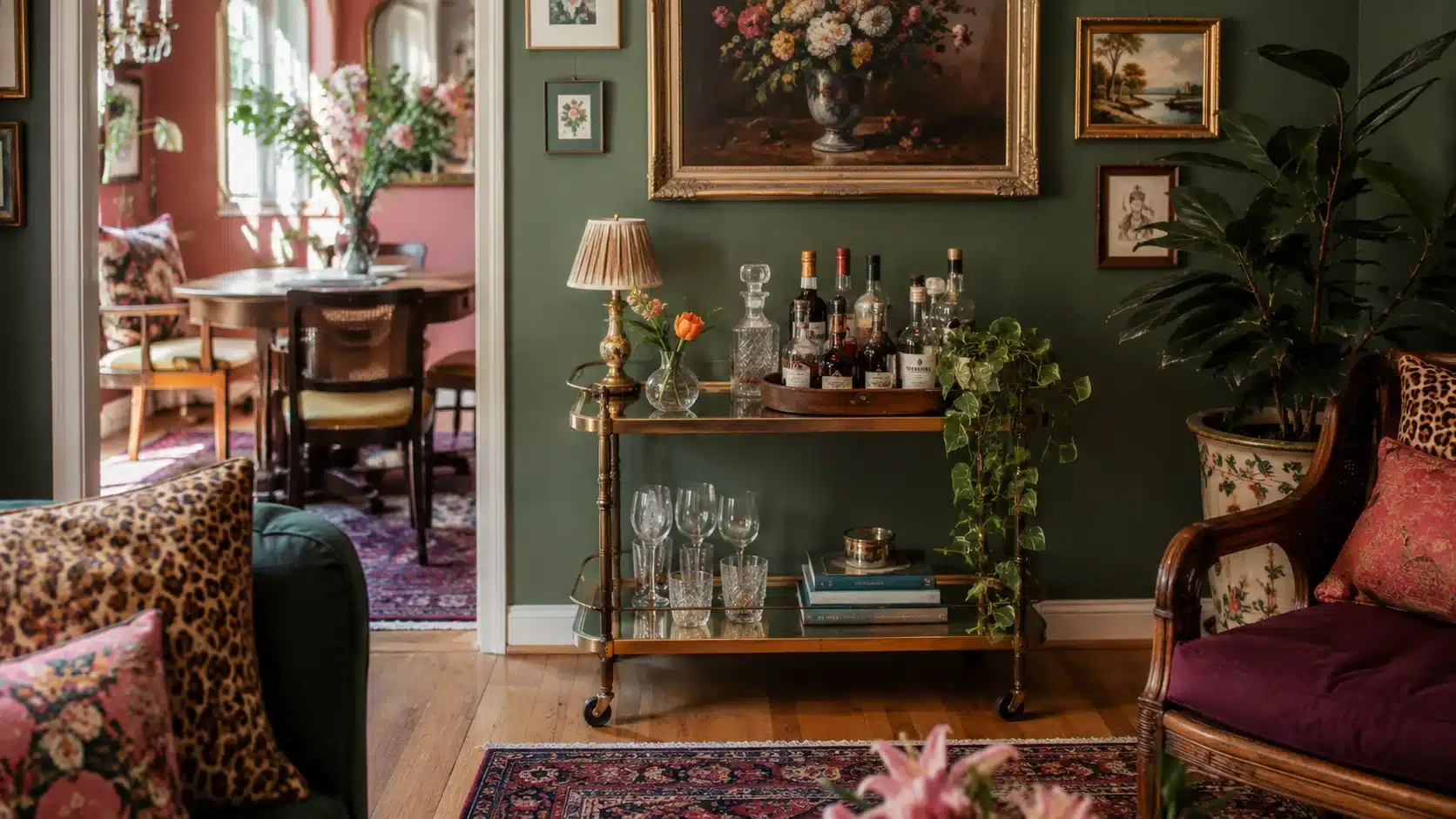 maximalist bar cart with glassware, books, lamp, bottles, trailing plant, and layered decor