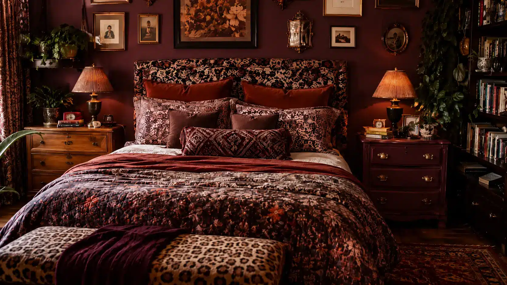 maximalist bedroom with mismatched nightstands, matching lamps, layered bedding, art, and books