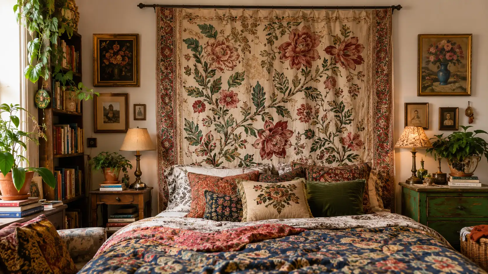maximalist bedroom with printed fabric panel behind bed, layered bedding, plants, books, and warm decor