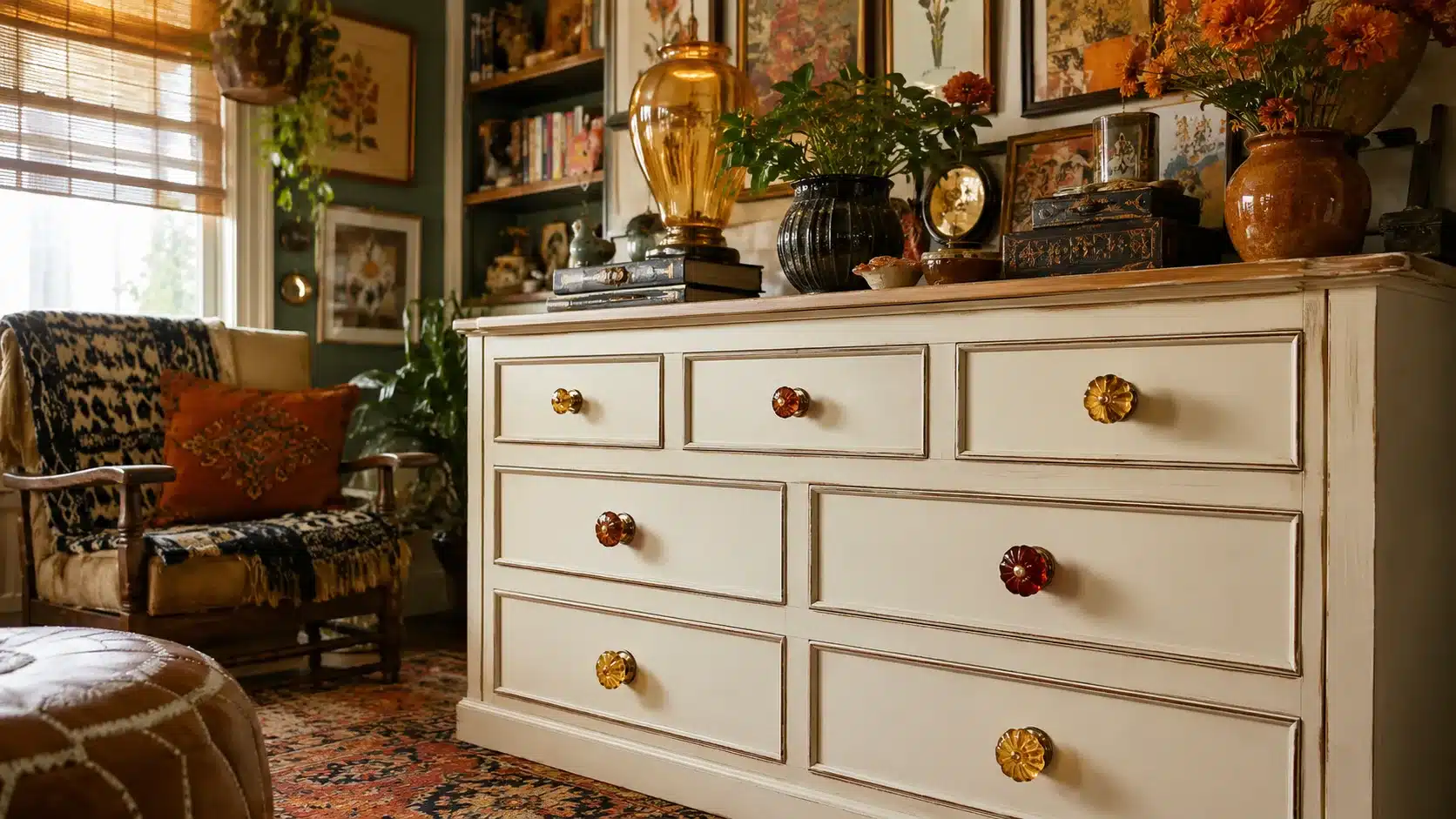 maximalist cabinet with colored ceramic knobs, patterned decor, framed art, plants, and book