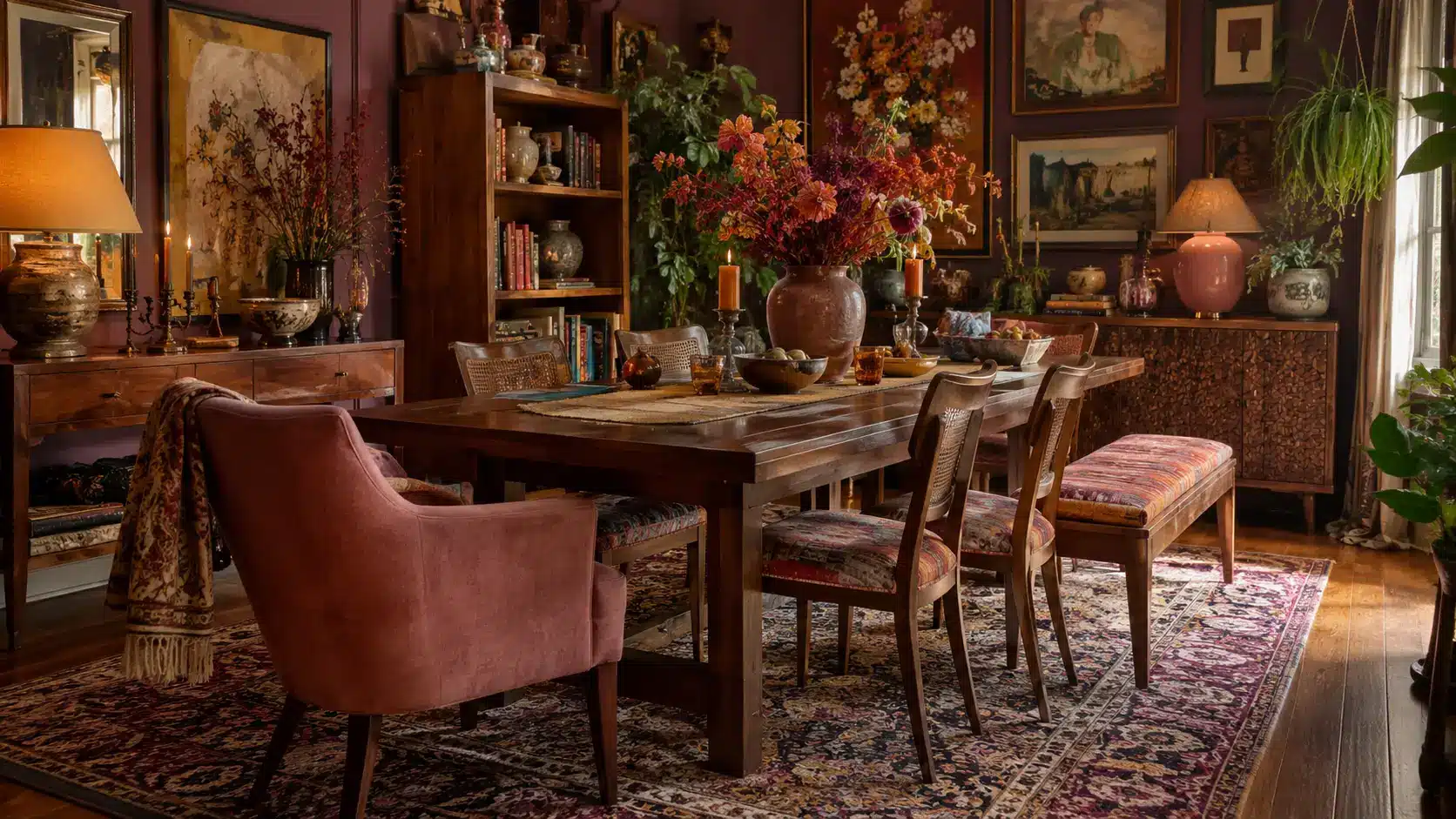 maximalist dining room with mixed chairs, bench seating, upholstered chair, art, and patterned rug