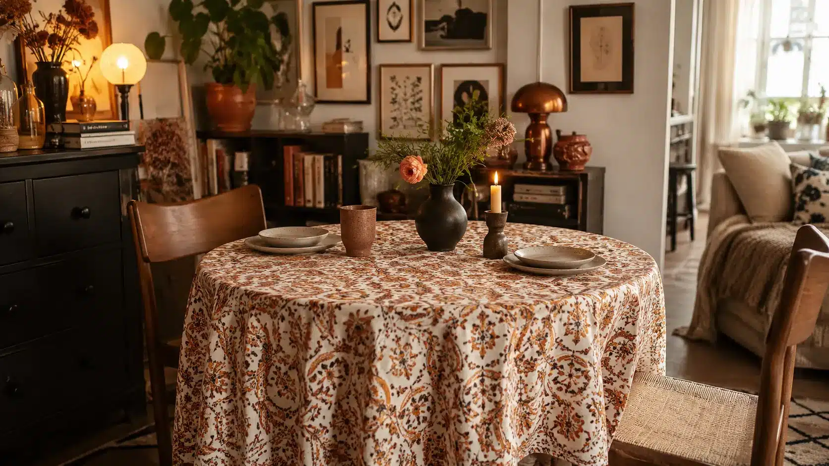 maximalist dining table with bold patterned tablecloth, simple dishes, vase, plants, and art