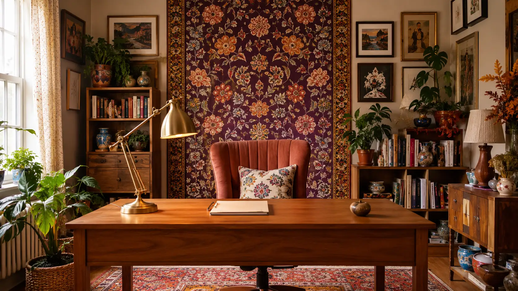 maximalist home office with patterned backdrop, clear desk, books, plants, and framed art