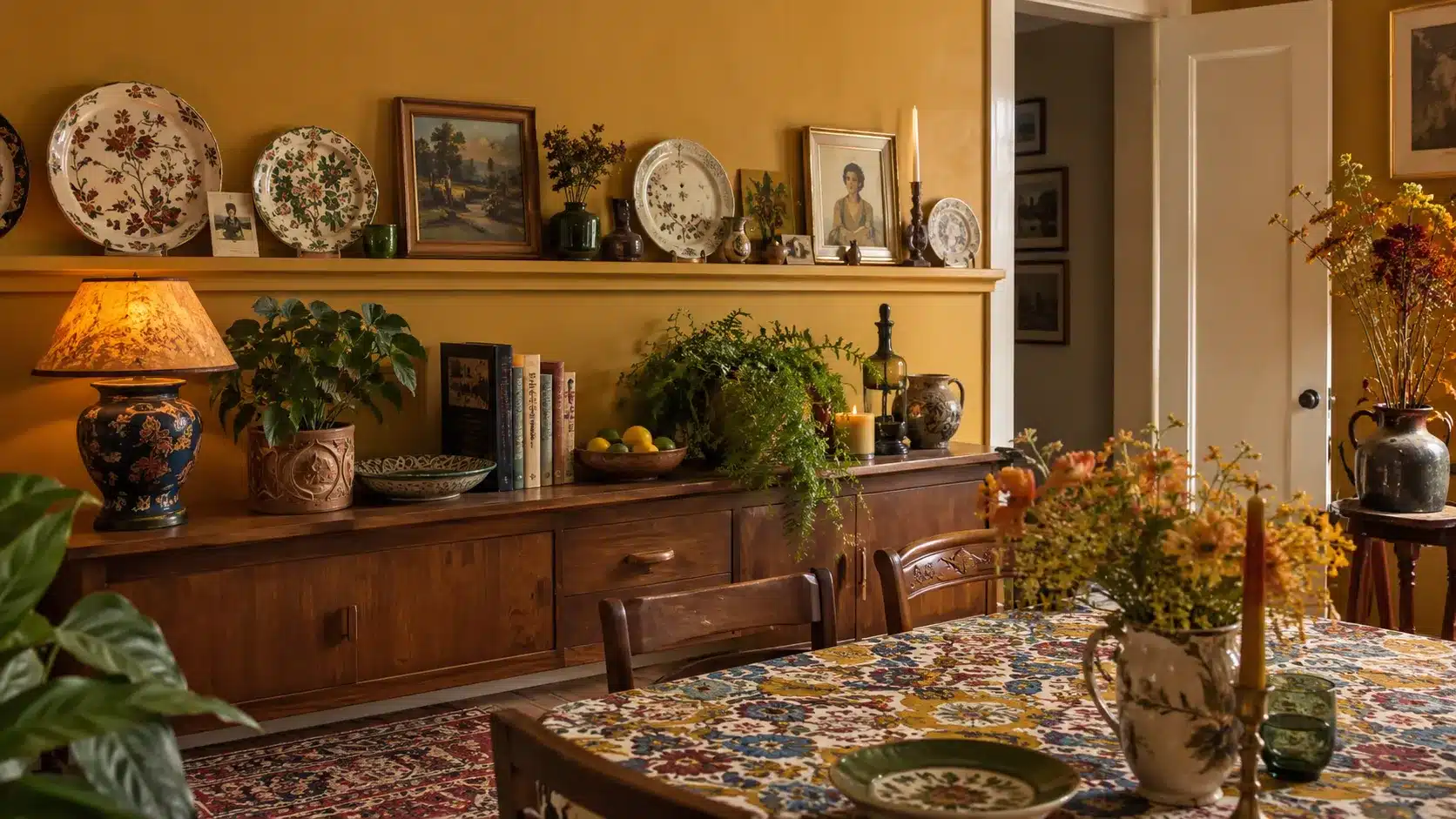 maximalist plate rail with plates, postcards, ceramics, small frames, and warm home decor