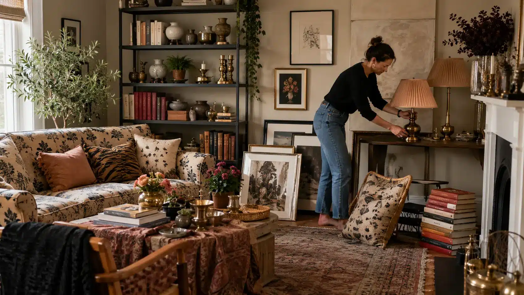 maximalist room restyled with existing art, lamps, books, plants, fabric, and collected objects