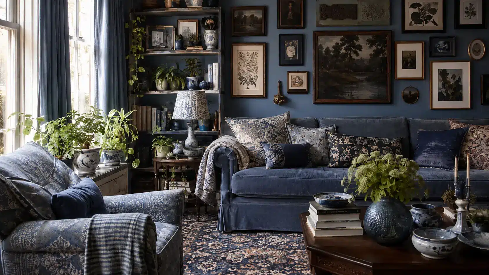 maximalist room using varied blue tones across walls, textiles, art, and decor