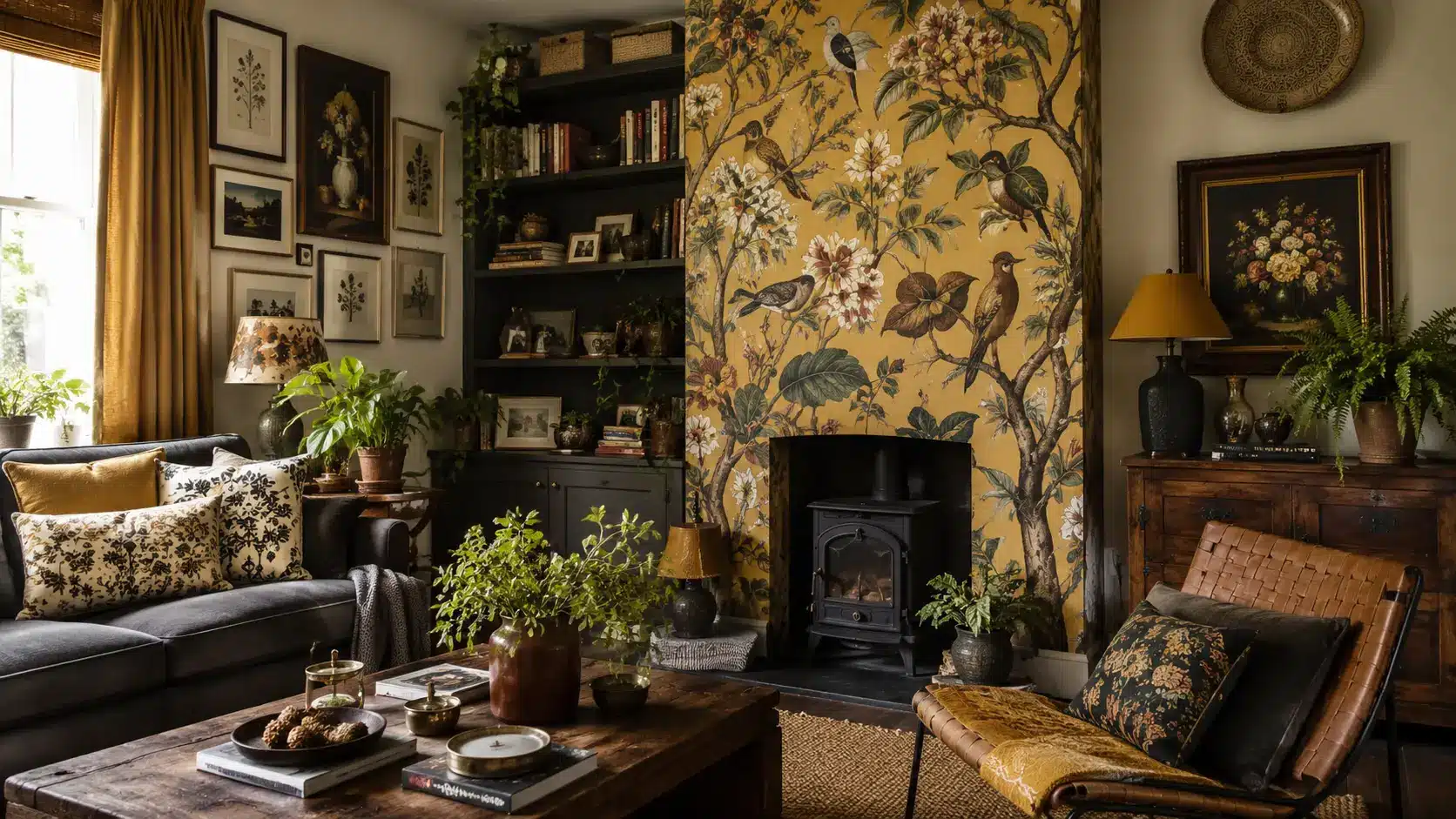 maximalist room with botanical wallpaper on one alcove, layered cushions, lamps, plants, and decor