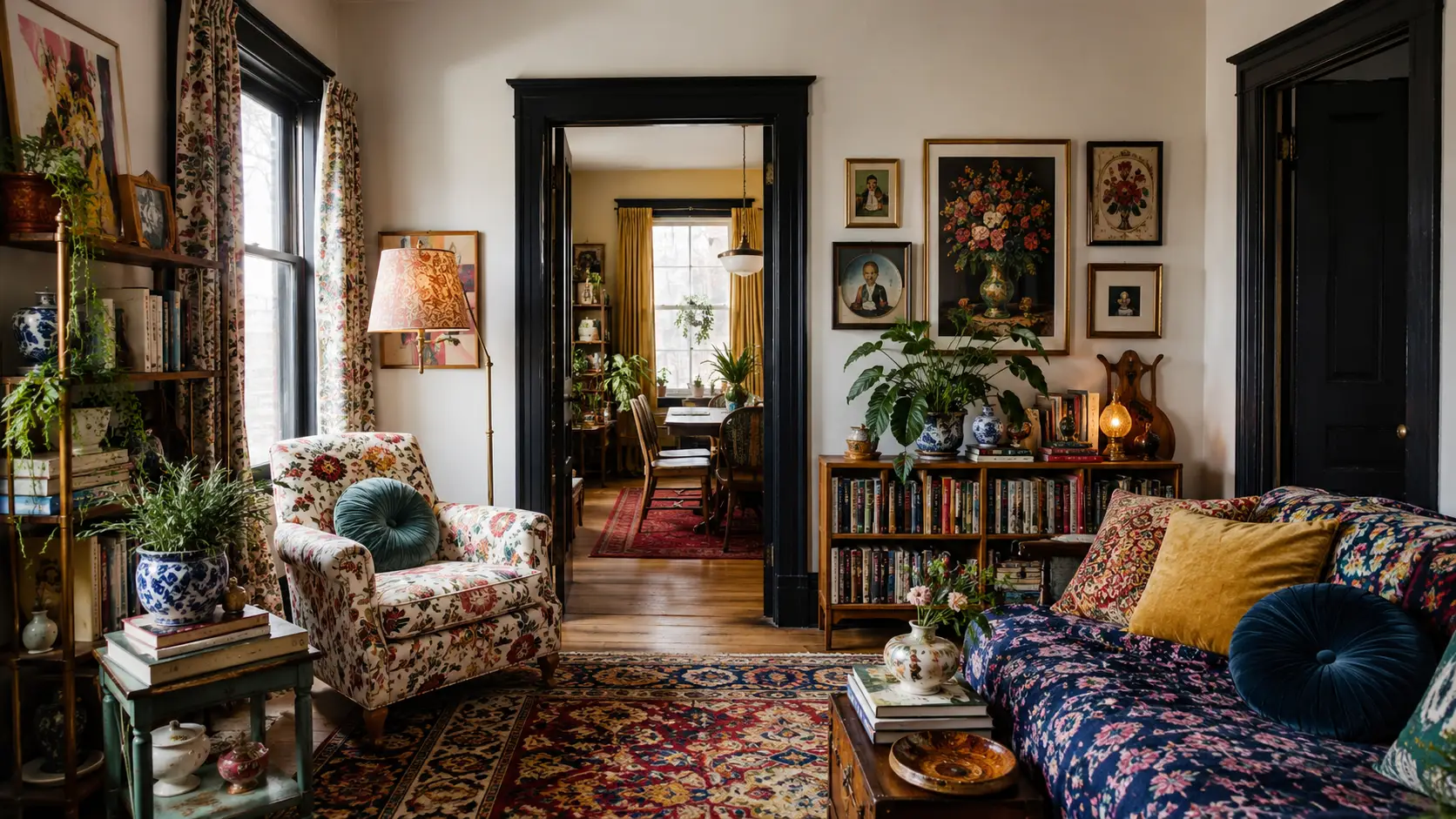 maximalist room with colorful door frame and window trim, patterned textiles, plants, and art