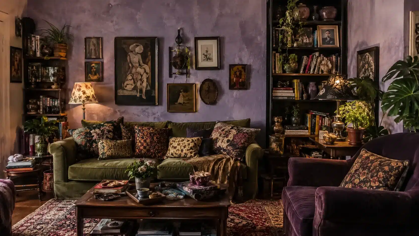 maximalist room with limewash walls, layered art, books, ceramics, plants, and warm lighting