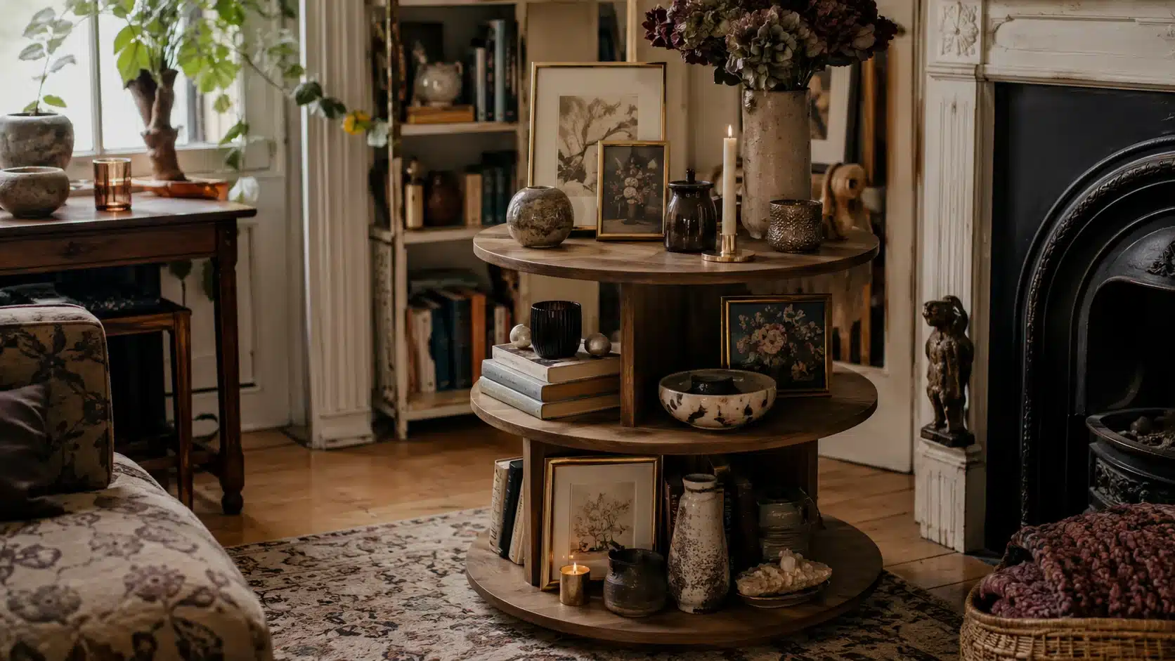 maximalist rotating display shelf with books, ceramics, candles, small frames, and plants