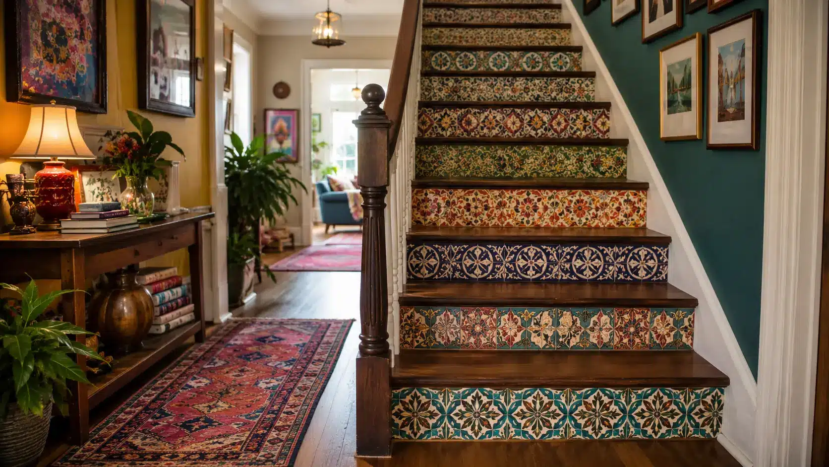 maximalist staircase with patterned risers, plain treads, entry table, wall art, and plants