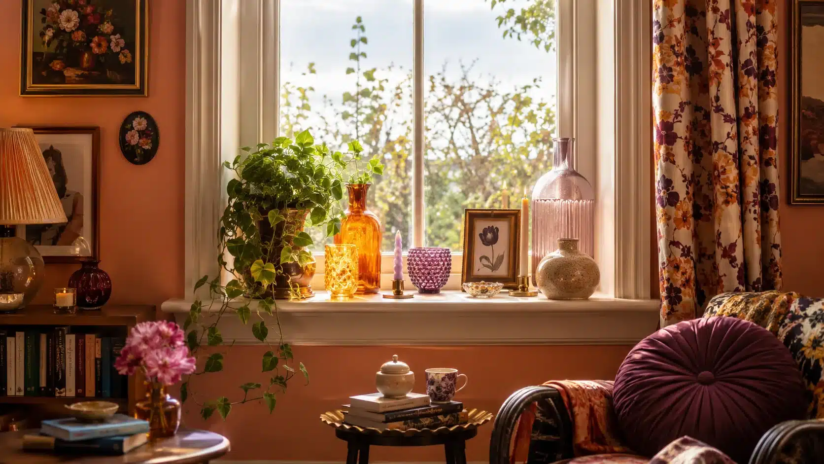 maximalist window ledge with colored glass, ceramics, trailing plant, candle, and small frame