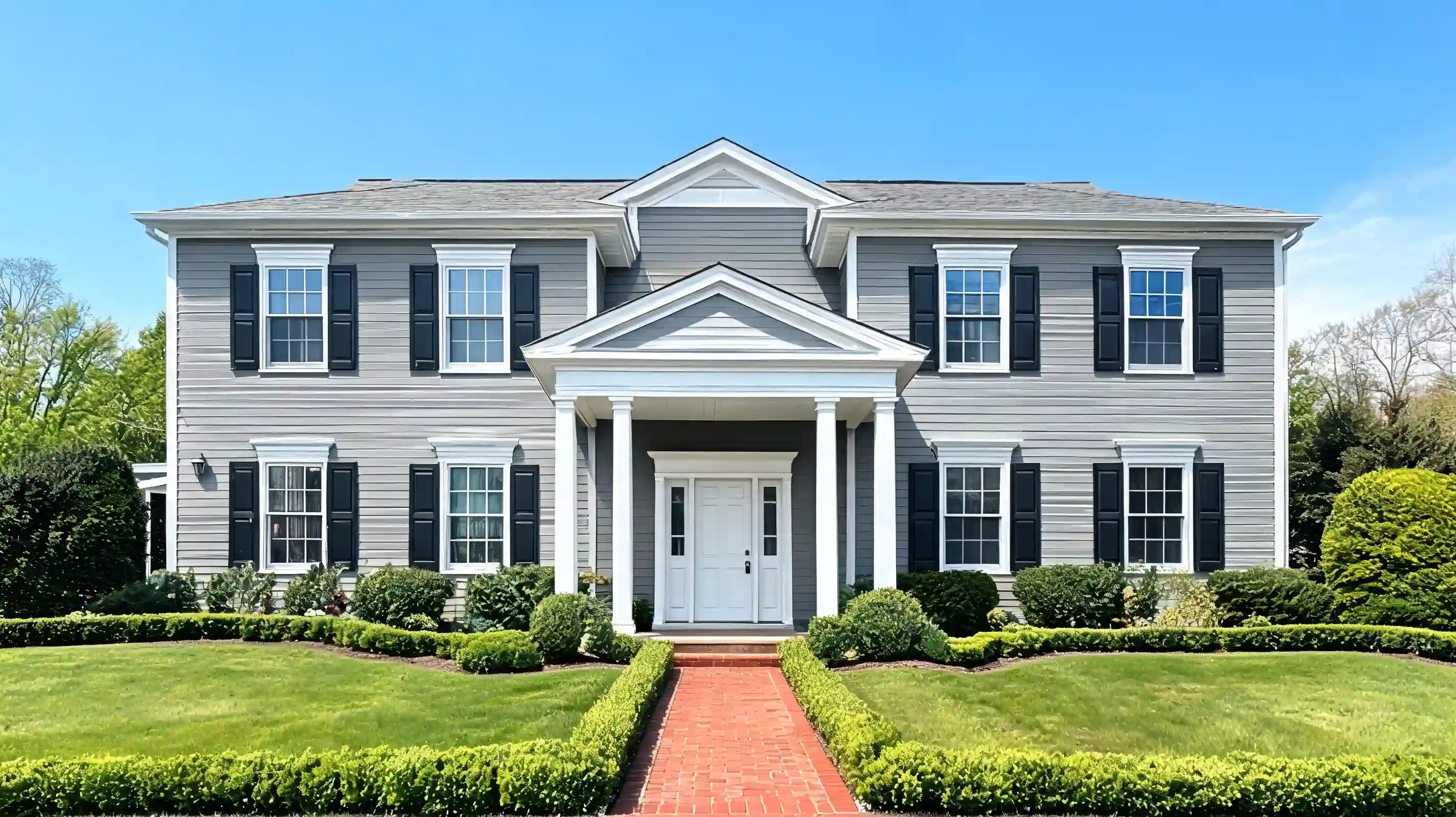 medium gray colonial home with white trim black shutters and classic front entry