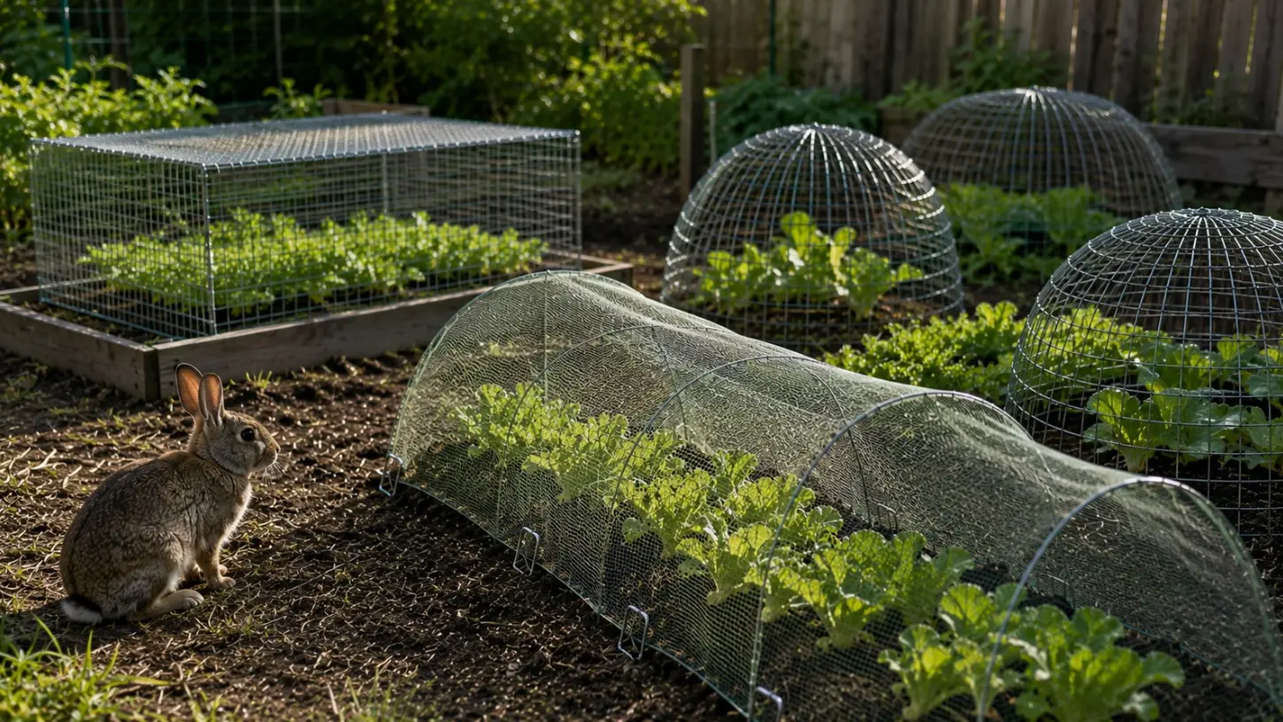 mesh covers show how to keep rabbits out of garden seedlings while a rabbit watches protected plants from outside