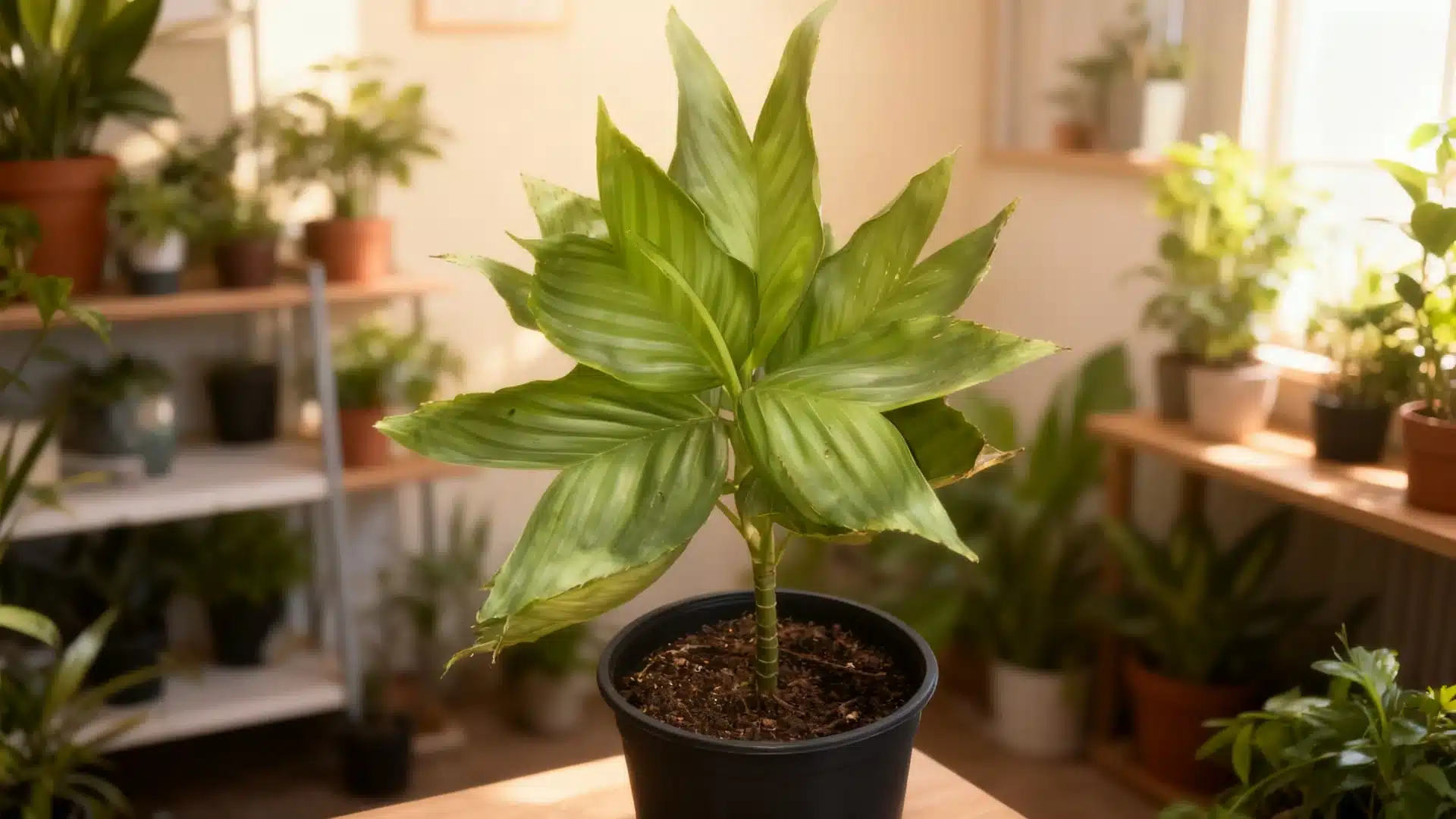 metallica palm tree with dark blue green leaves in a plant setting