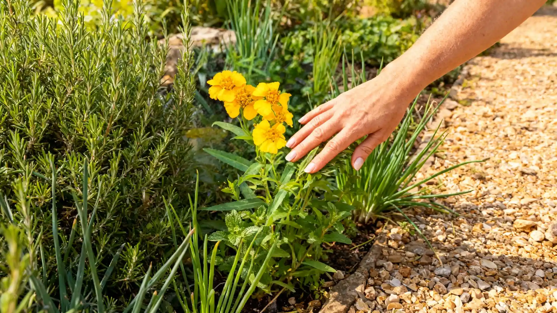 mexican mint marigold with yellow flowers and scented foliage growing in a sunny herb garden