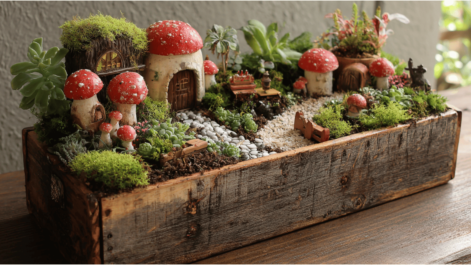 miniature fairy garden in rustic wooden container with mushroom houses pebble paths moss and tiny green plants