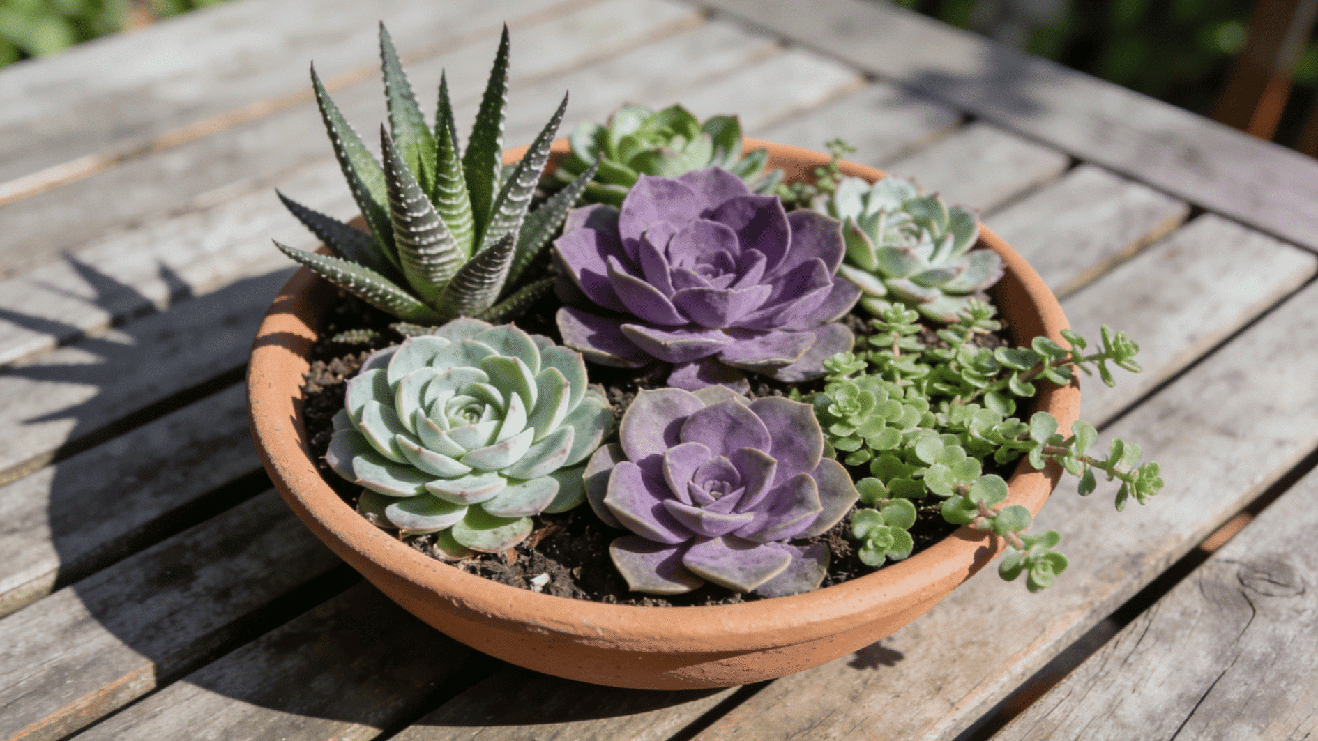 mixed succulent arrangement in shallow terracotta planter on wooden table under bright outdoor sunlight
