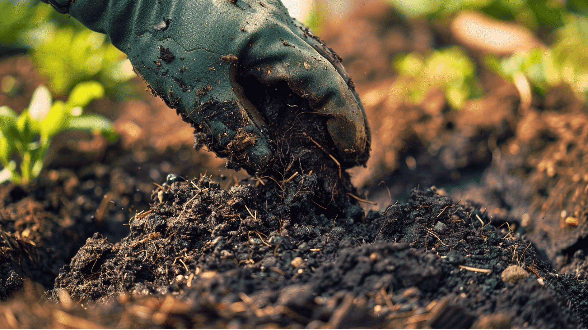 mixing the soil with compost using gloves