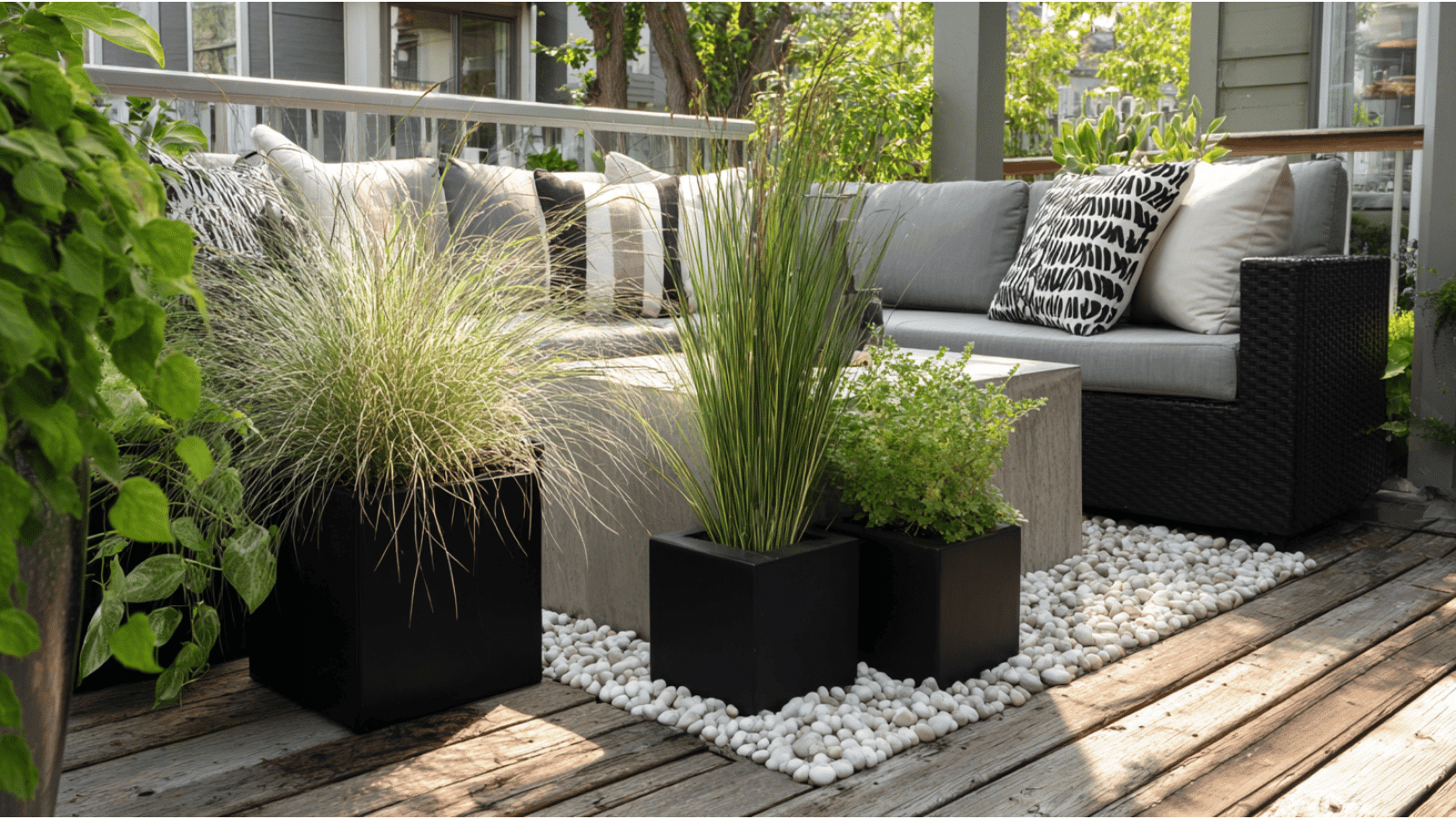 modern container garden with black square planters ornamental grasses and clean outdoor lounge seating area