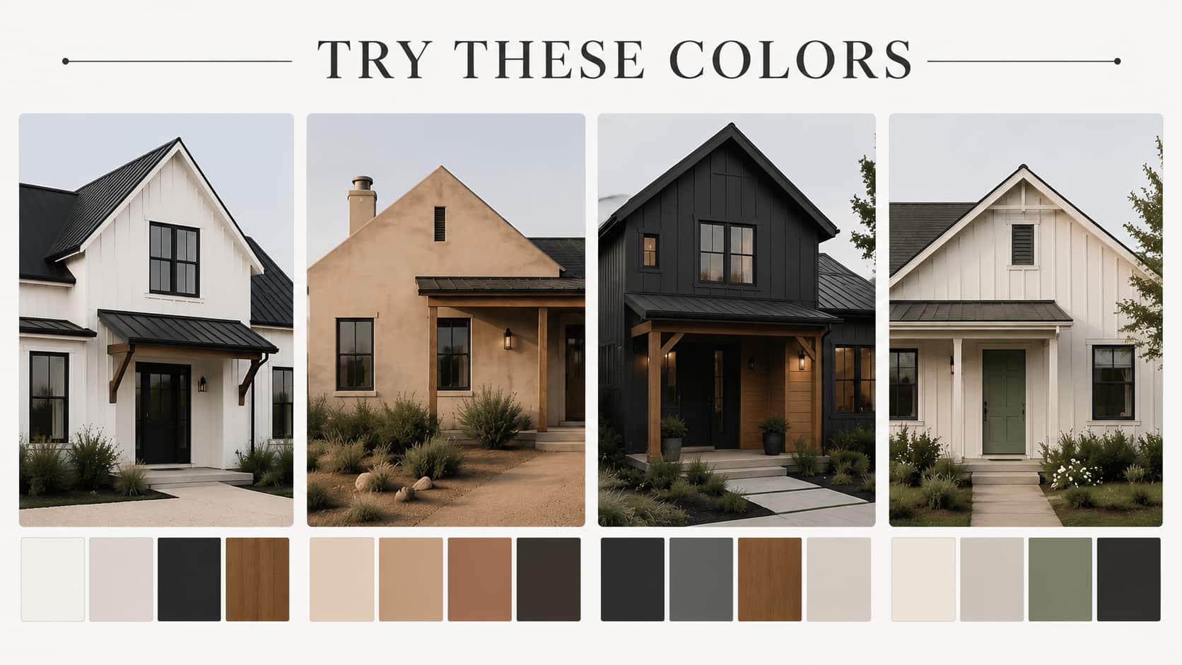 modern farmhouse exterior showing four houses with white black earth tones charcoal wood and muted green accents
