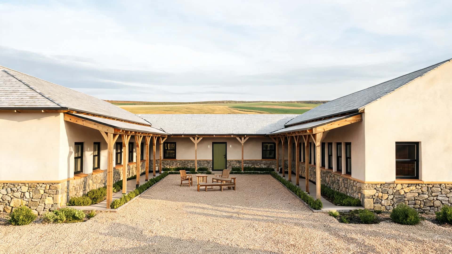 modern farmhouse exterior with courtyard stone walls warm wood accents and shaded outdoor seating