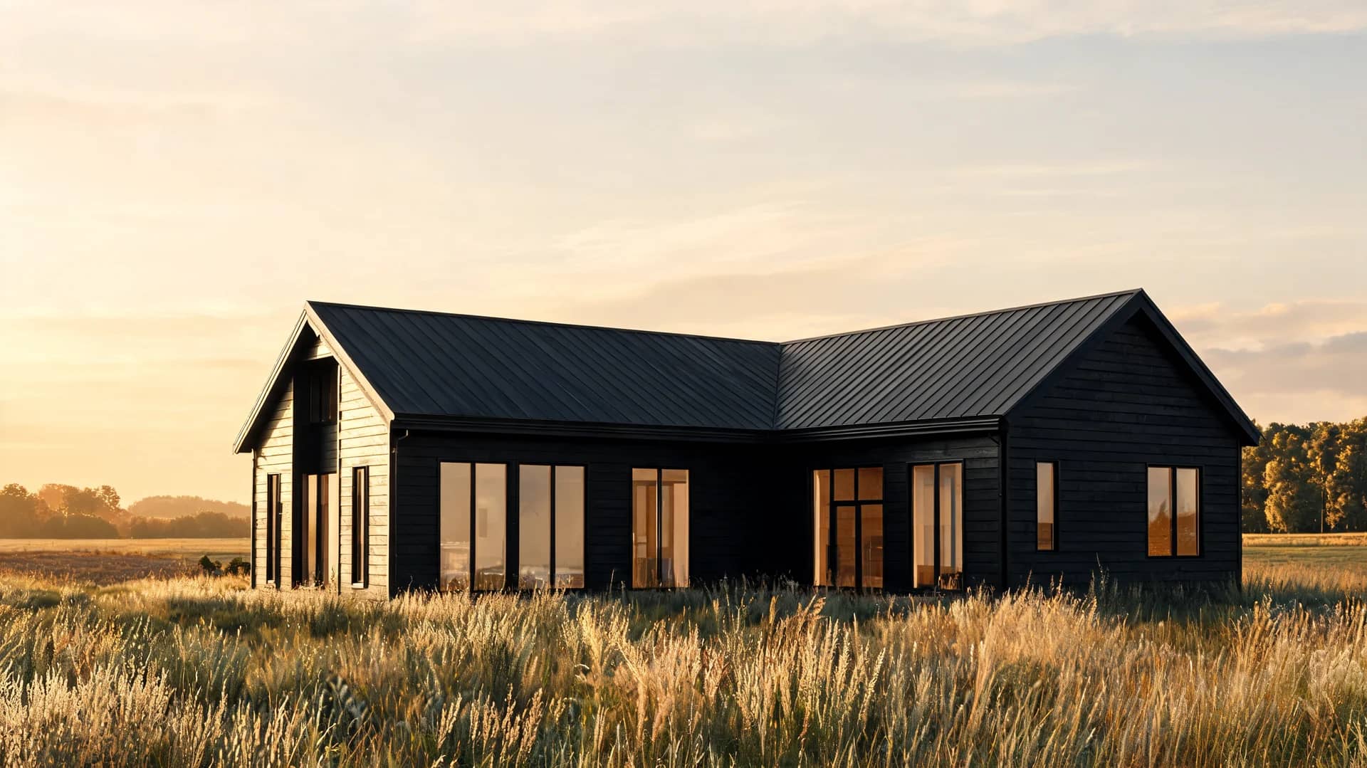 modern farmhouse exterior with dark charcoal cladding minimal design black windows and dramatic rural field setting