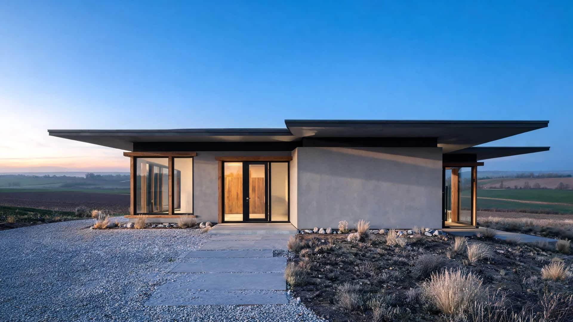 modern farmhouse exterior with floating roof design grey plaster walls and field facing glass at dusk