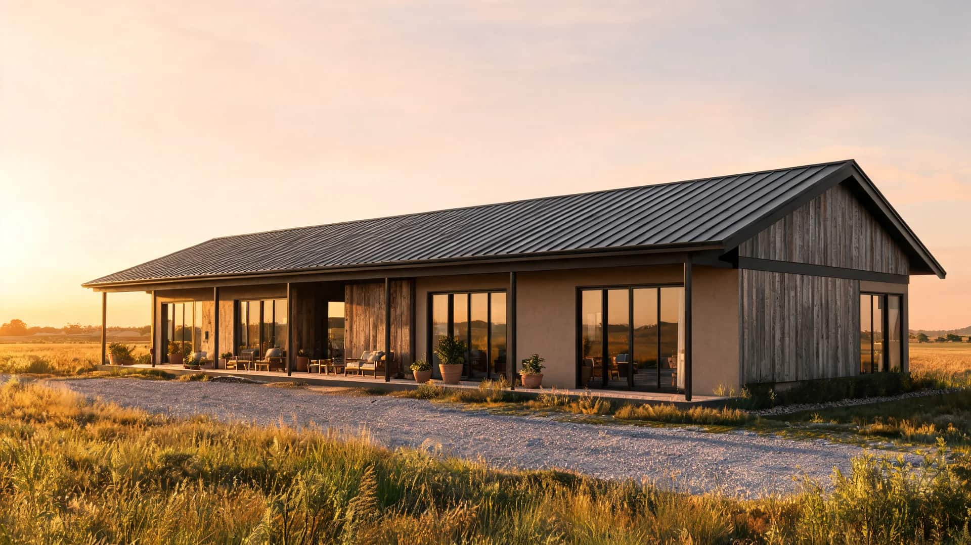 modern farmhouse exterior with linear form glass doors cedar cladding and a veranda facing open fields