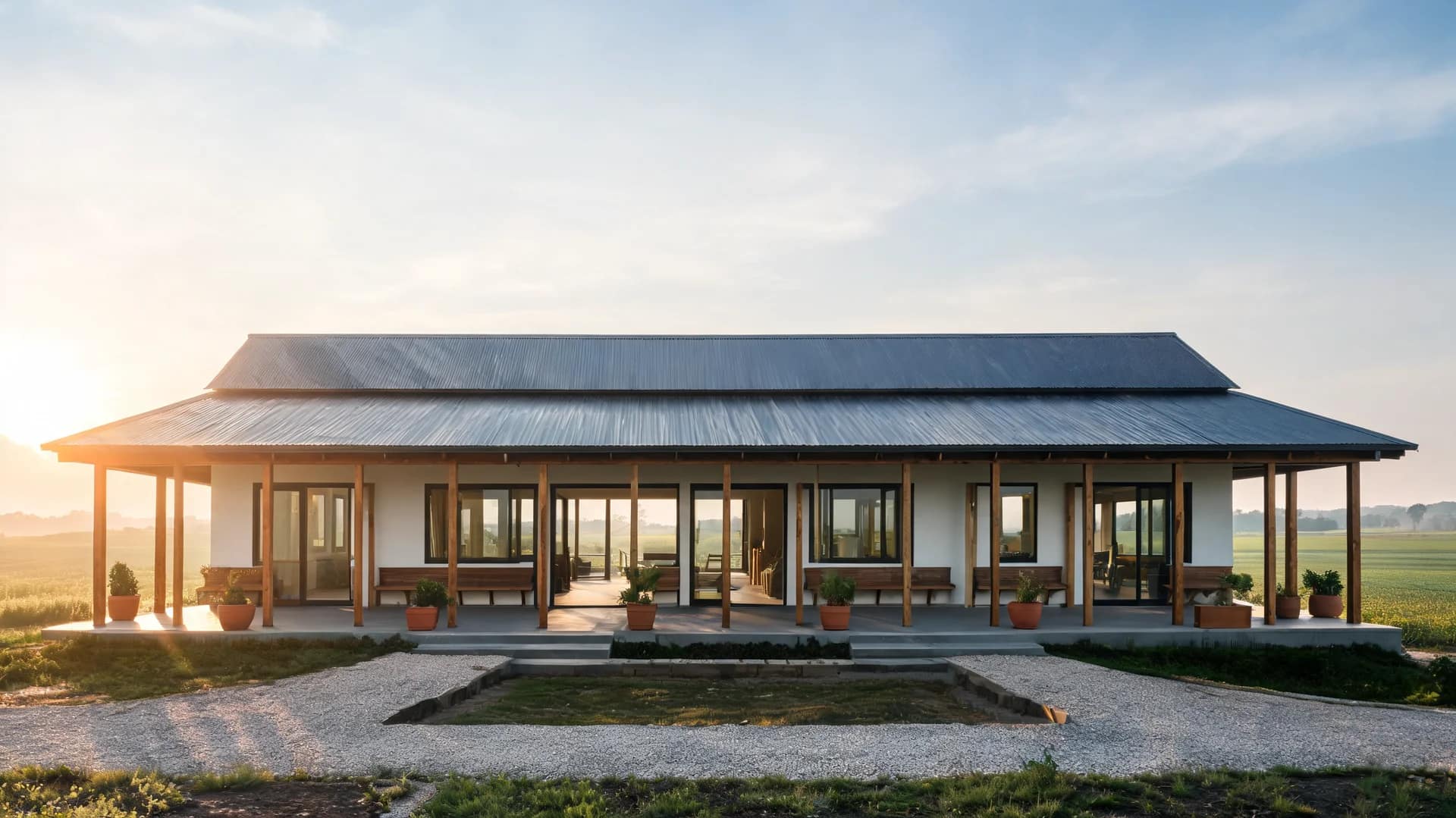modern farmhouse exterior with long veranda spine white plaster walls and wood columns facing open rural field