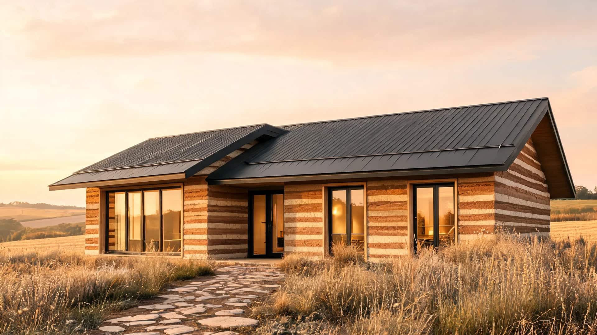 modern farmhouse exterior with rammed earth walls wood accents and field facing glass in warm sunset light