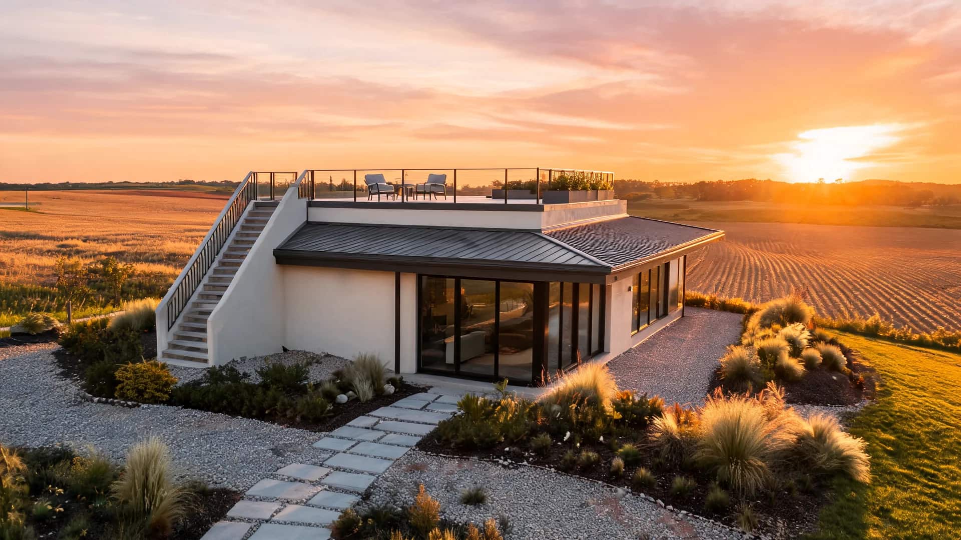 modern farmhouse exterior with rooftop terrace seating plaster walls wood accents and panoramic field sunset view