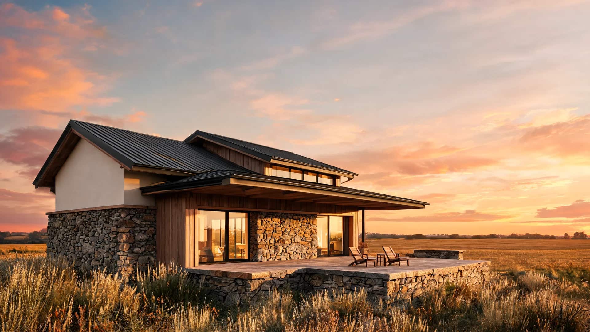modern farmhouse exterior with stone base plaster upper level wood accents and field facing windows at sunset