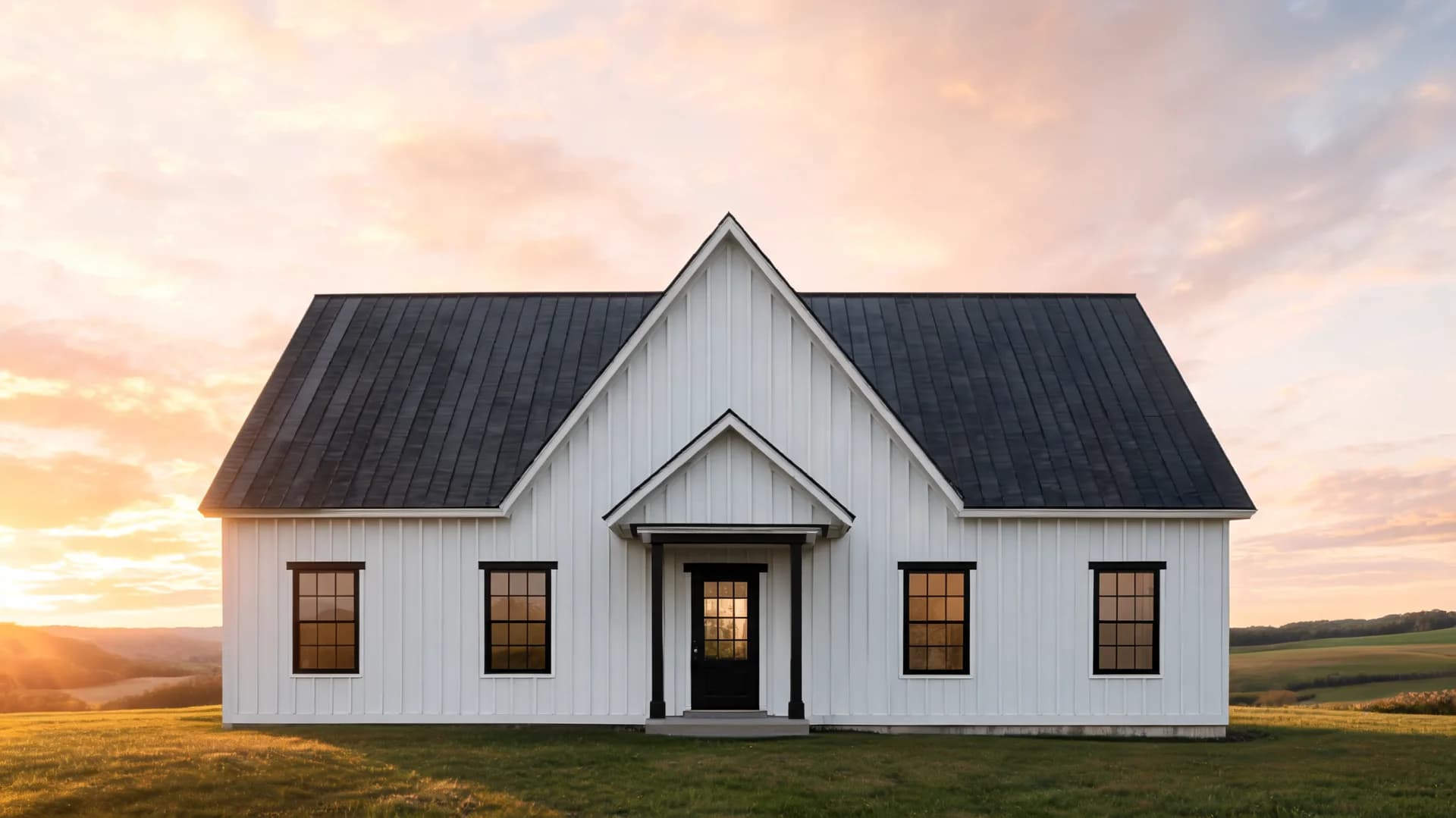 modern farmhouse exterior with symmetrical gable roof white siding and black framed windows in rural landscape