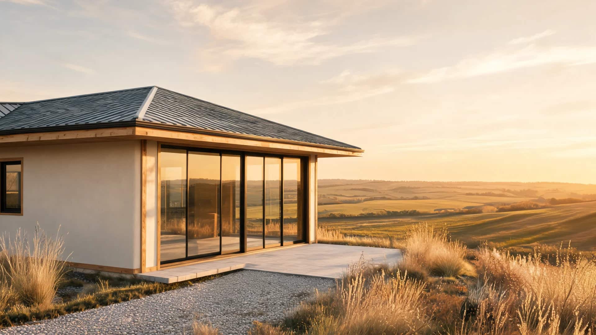 modern farmhouse exterior with corner glass walls plaster finish wood accents and panoramic field views at sunset