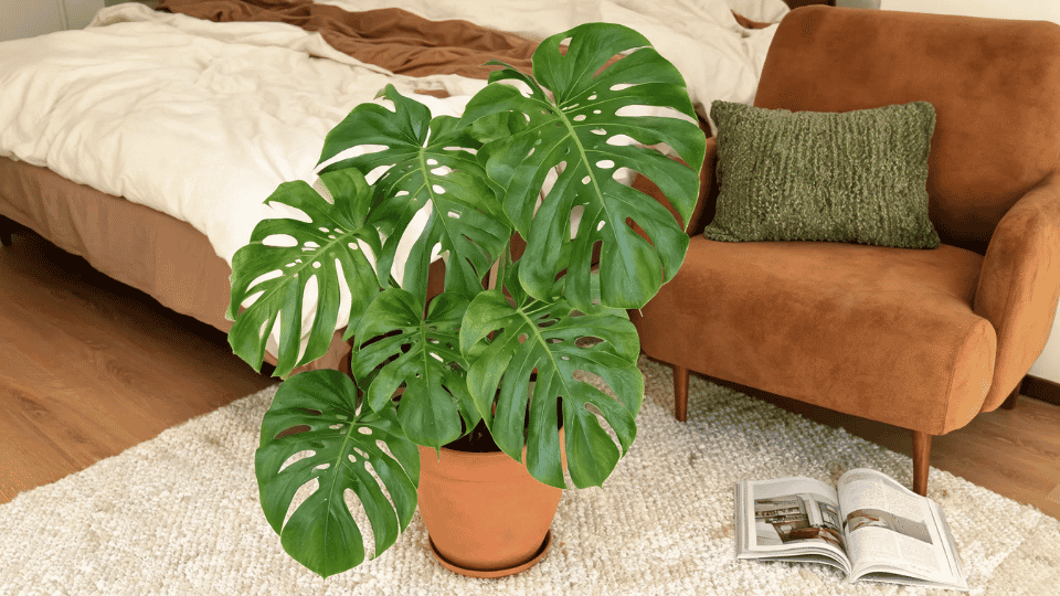 monstera in a bold bedroom corner with terracotta bedding, reading chair, and open magazine nearby