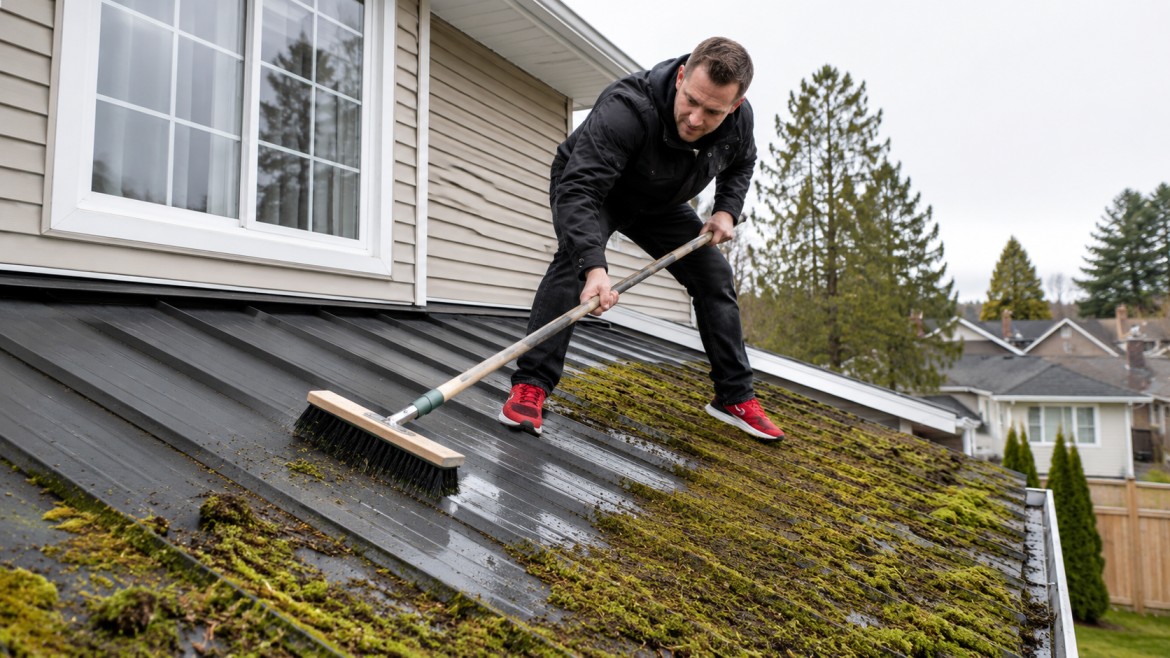 metal roof maintenance showing moss removal from a shaded roof surface to help prevent trapped moisture